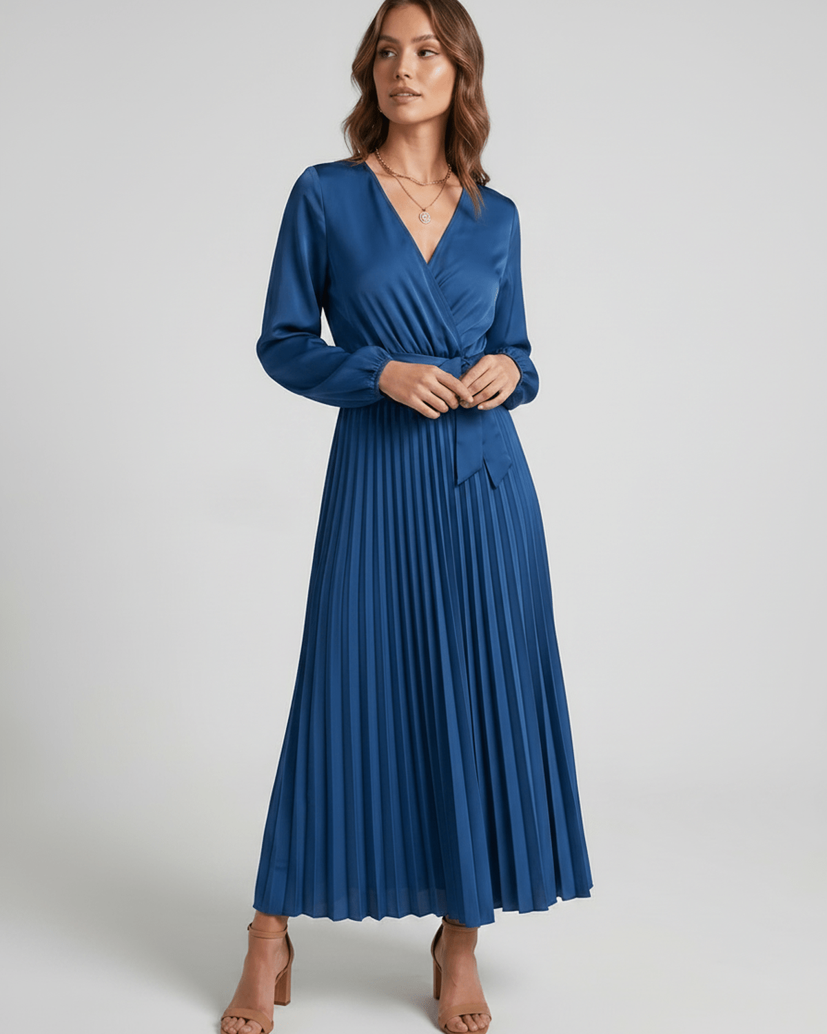 Elara Maxi Dress by Lauven — satin long sleeve V-neck A-line maxi dress with pleats and tie waist