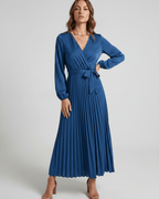 Elara Maxi Dress by Lauven — satin long sleeve V-neck A-line maxi dress with pleats and tie waist