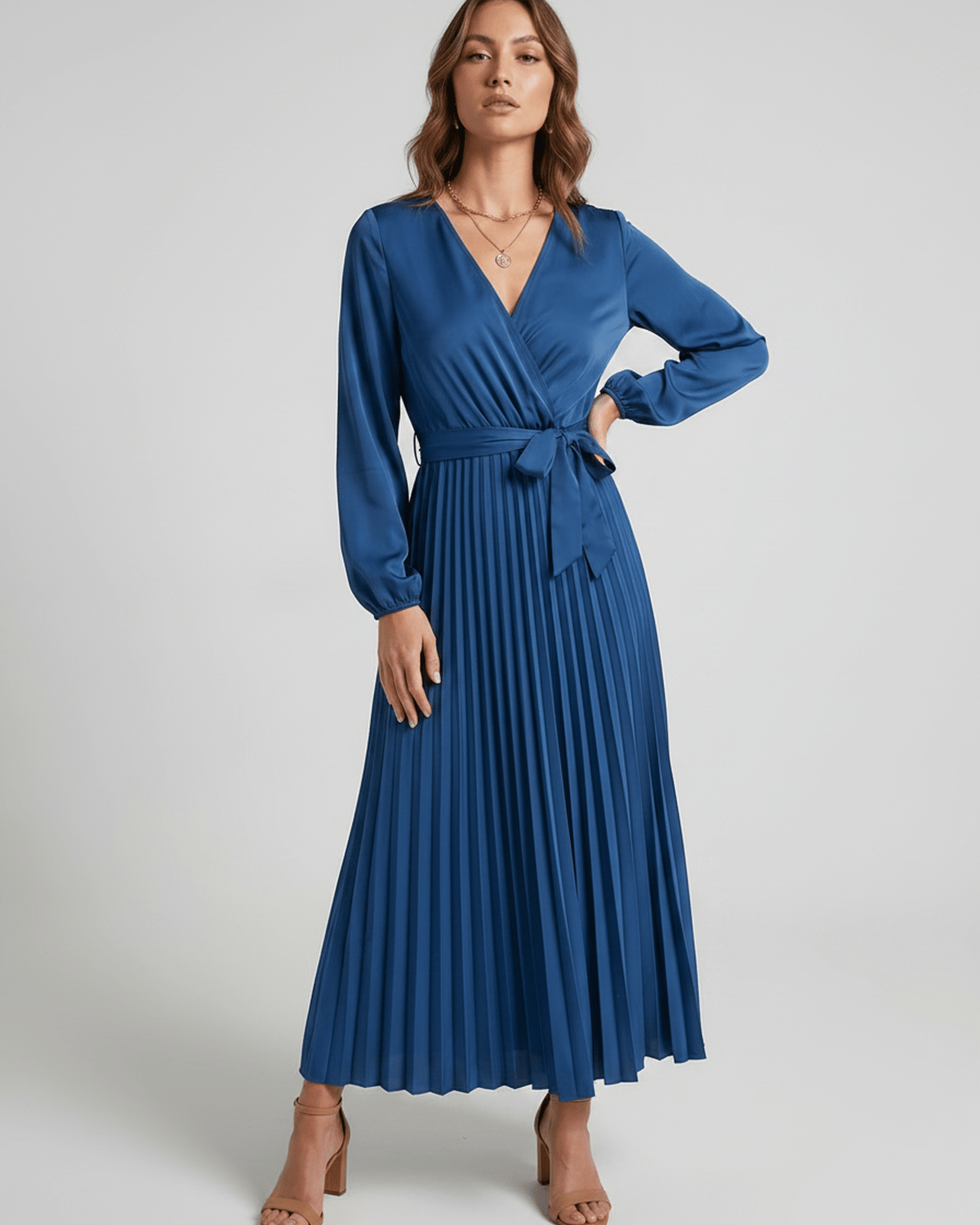 Elara Maxi Dress by Lauven — satin long sleeve V-neck A-line maxi dress with pleats and tie waist