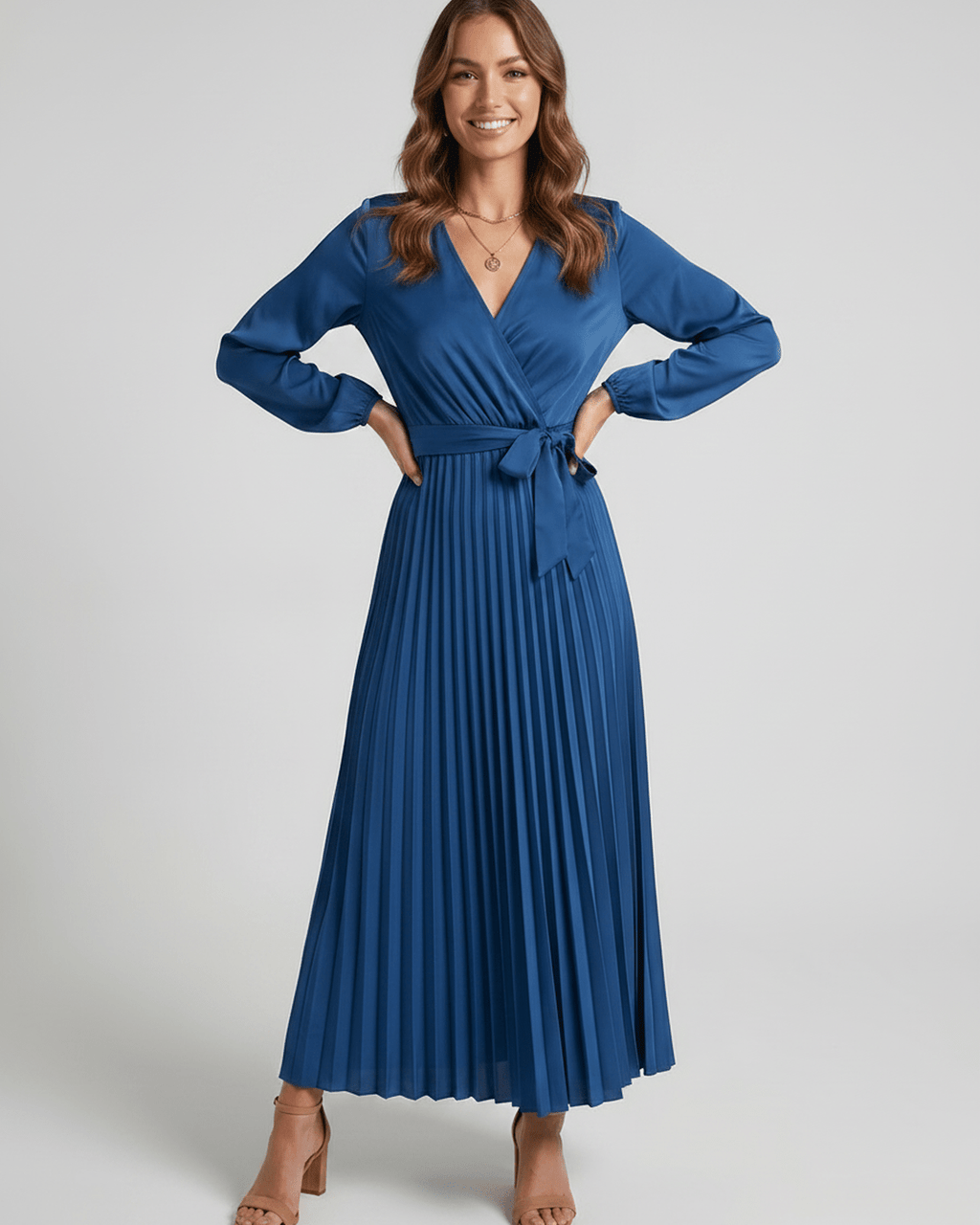Elara Maxi Dress by Lauven — satin long sleeve V-neck A-line maxi dress with pleats and tie waist