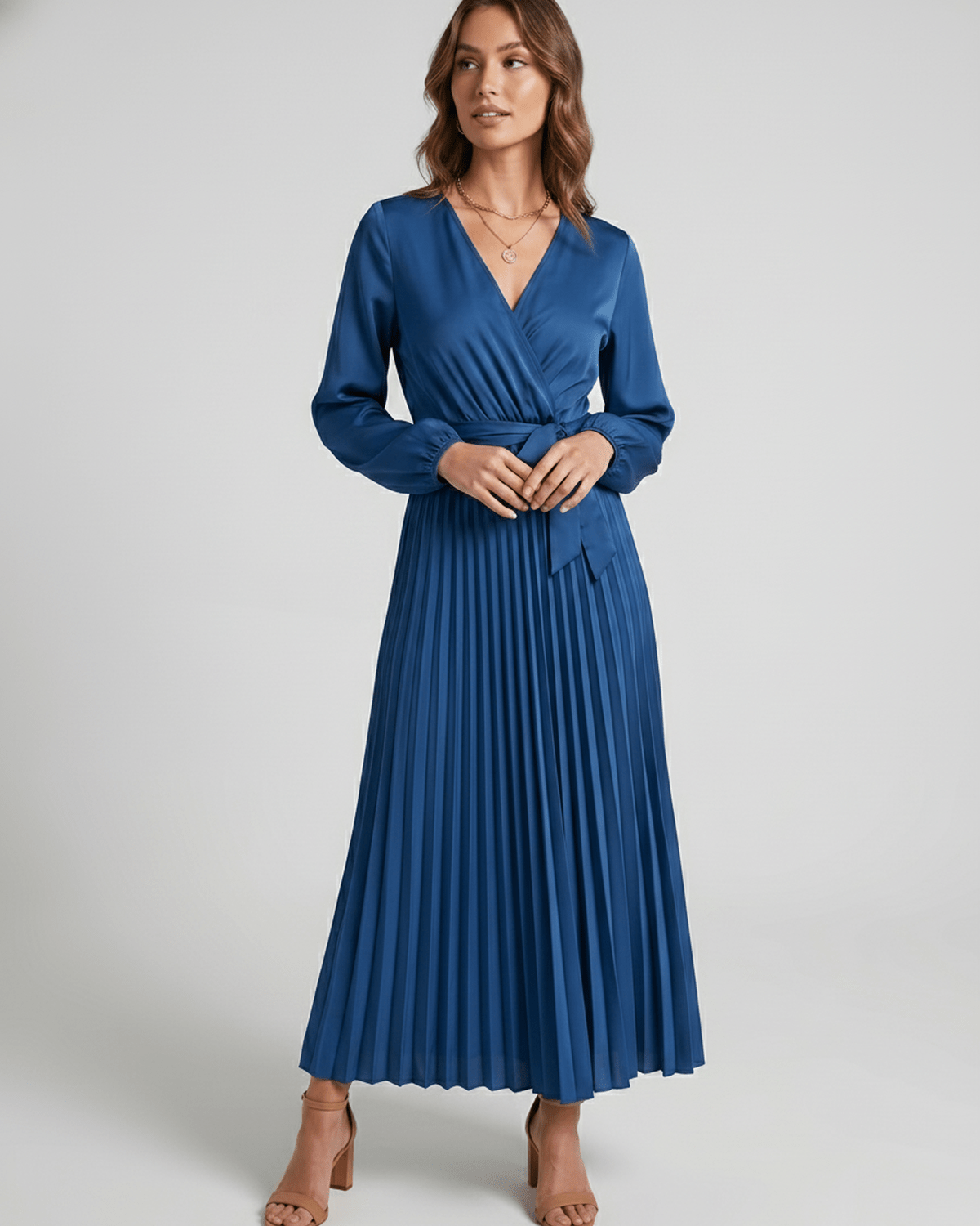 Elara Maxi Dress by Lauven — satin long sleeve V-neck A-line maxi dress with pleats and tie waist
