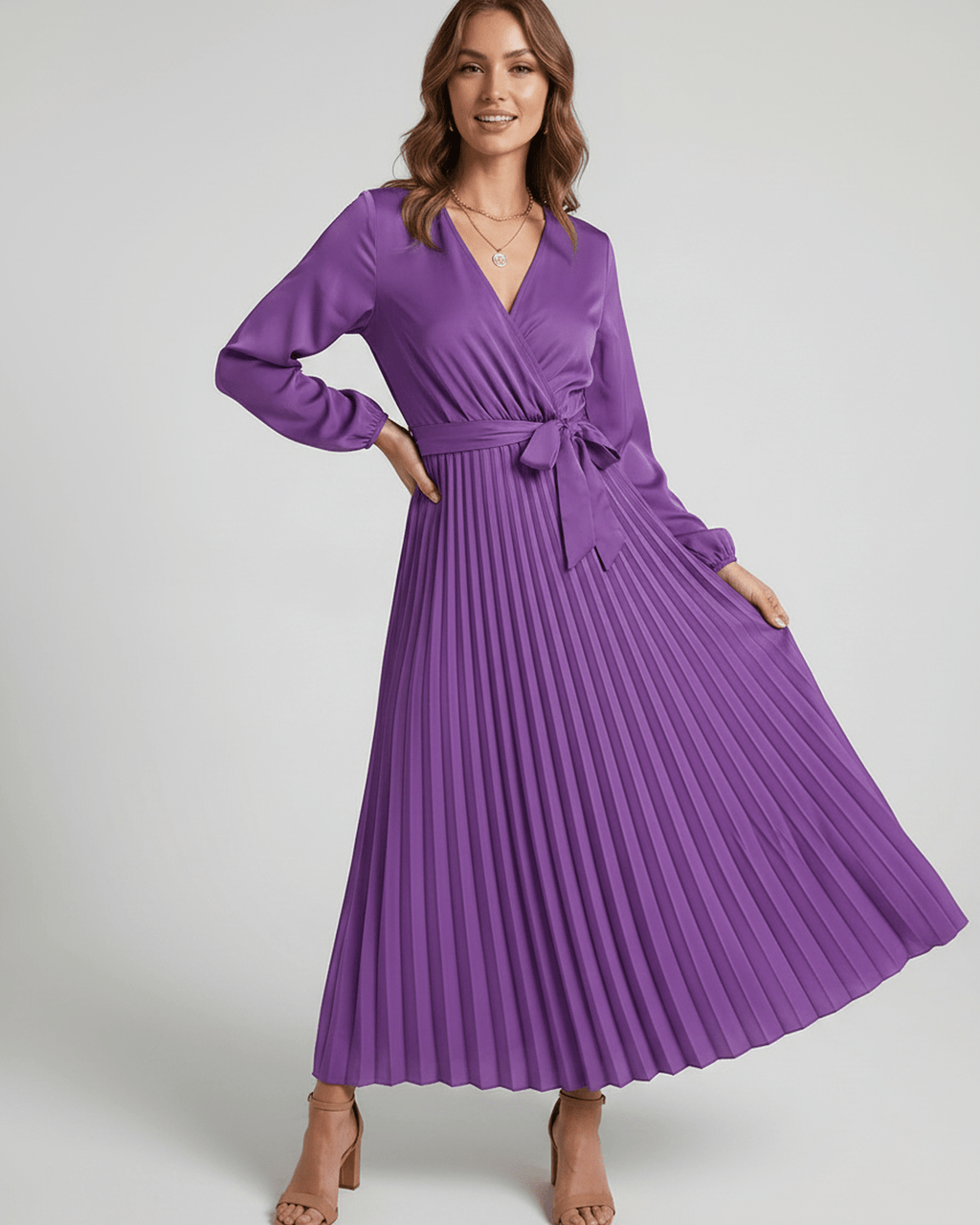 Elara Maxi Dress by Lauven — satin long sleeve V-neck A-line maxi dress with pleats and tie waist