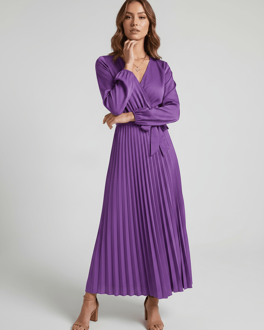 Elara Maxi Dress by Lauven — satin long sleeve V-neck A-line maxi dress with pleats and tie waist