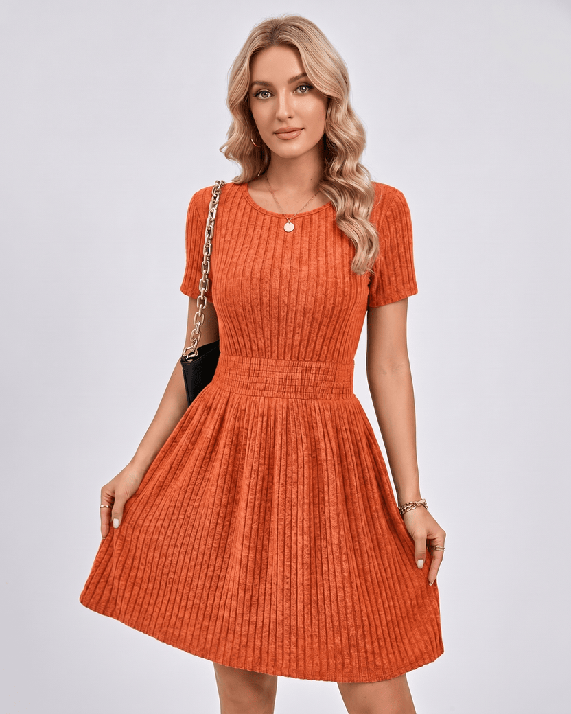 Liora Mini Dress by Lauven — orange ribbed knit short sleeve crew neck A-line mini dress