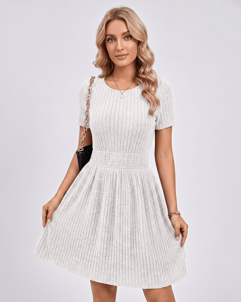 Liora Mini Dress by Lauven — white ribbed knit short sleeve crew neck A-line mini dress