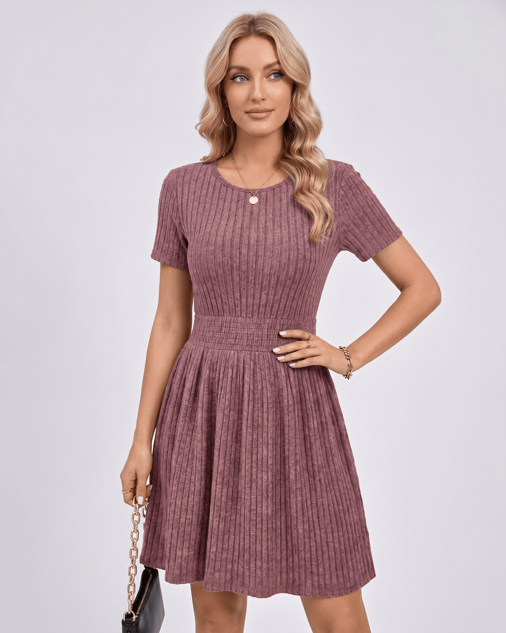 Liora Mini Dress by Lauven — ribbed knit short sleeve crew neck A-line mini dress