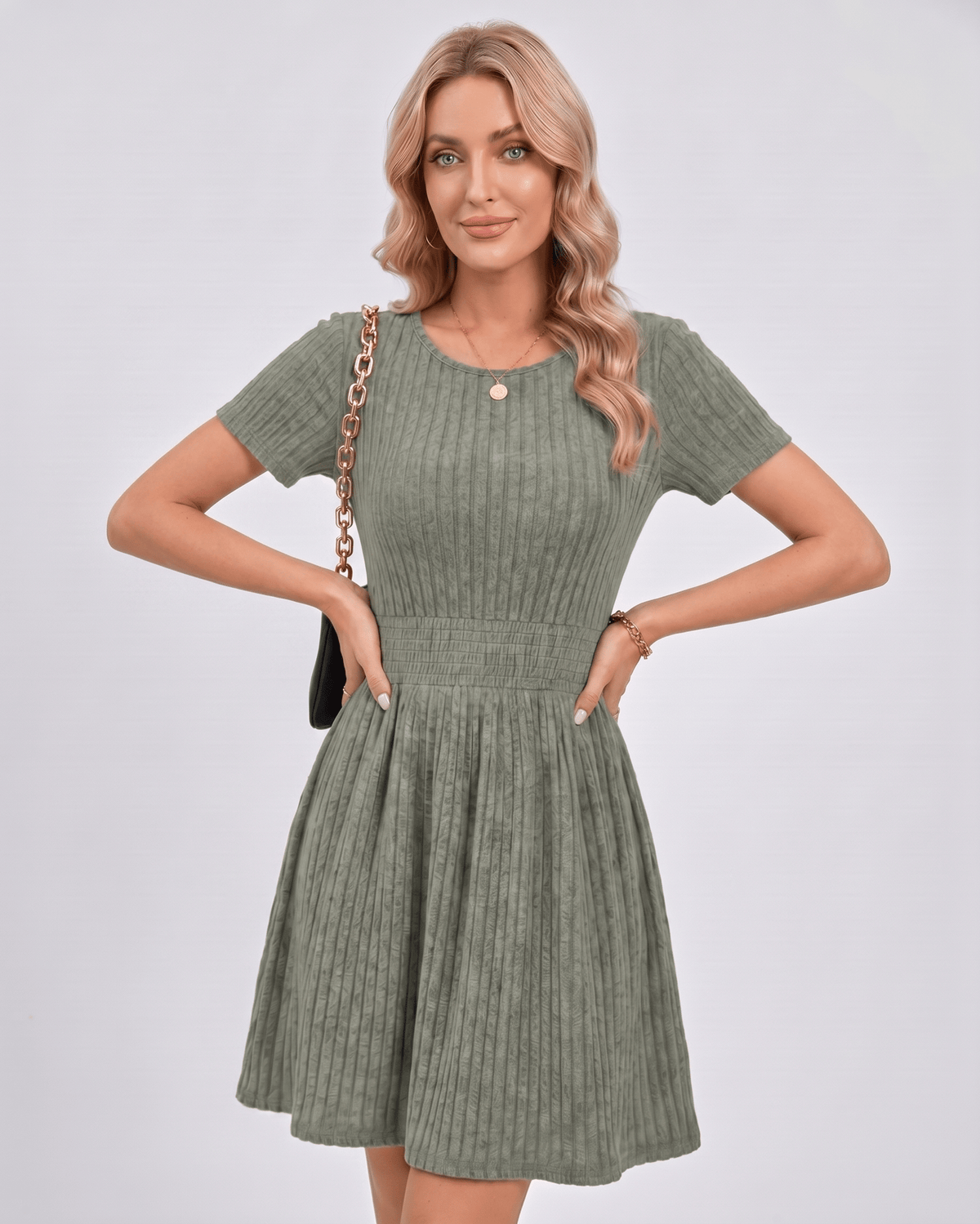 Liora Mini Dress by Lauven — ribbed knit short sleeve crew neck A-line mini dress
