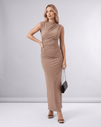 Aureli Maxi Dress by Lauven — stretch polyester sleeveless high neck fitted maxi dress