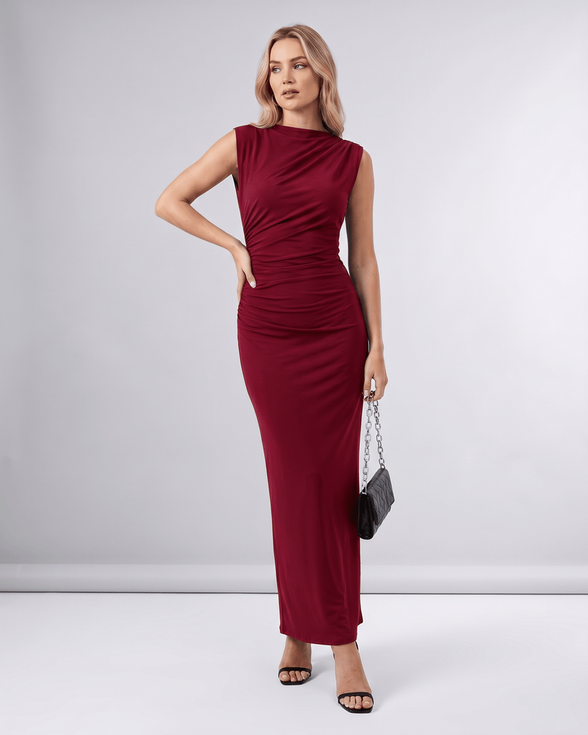 Aureli Maxi Dress by Lauven — red stretch polyester sleeveless high neck fitted maxi dress