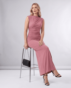 Aureli Maxi Dress by Lauven — stretch polyester sleeveless high neck fitted maxi dress