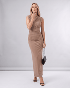 Aureli Maxi Dress by Lauven — stretch polyester sleeveless high neck fitted maxi dress