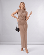 Aureli Maxi Dress by Lauven — stretch polyester sleeveless high neck fitted maxi dress