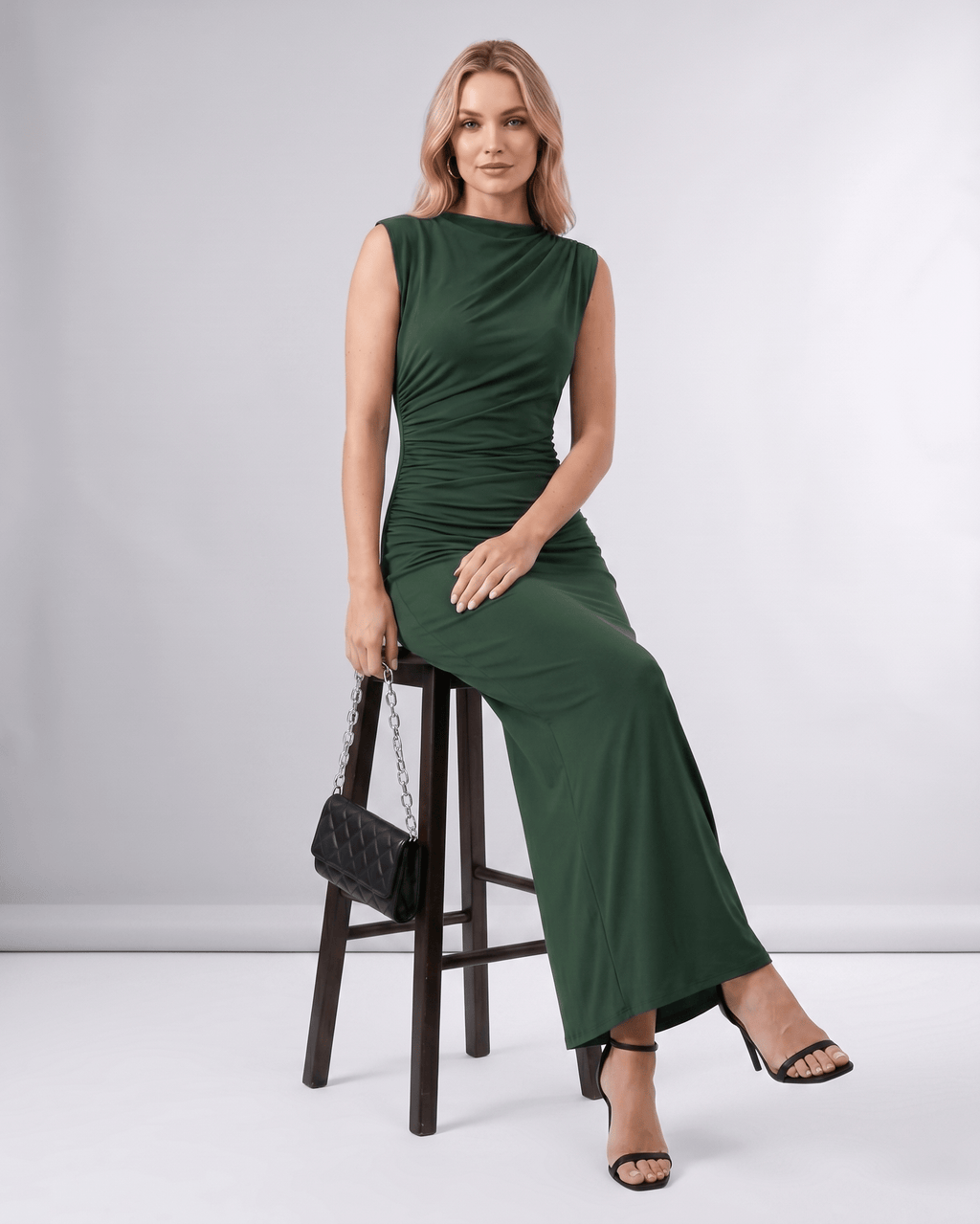 Aureli Maxi Dress by Lauven — stretch polyester sleeveless high neck fitted maxi dress