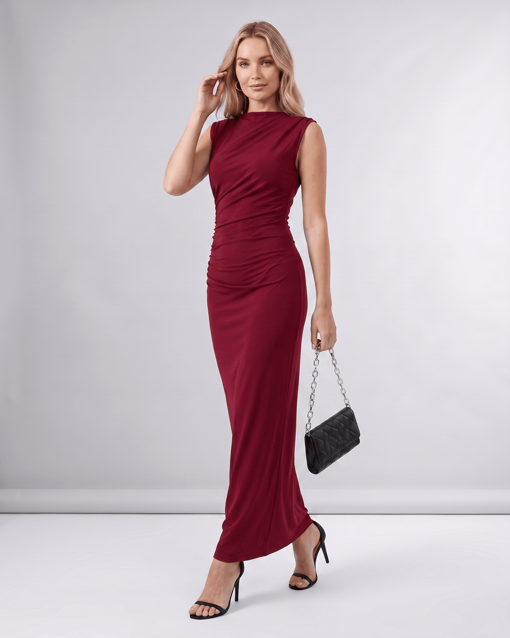 Aureli Maxi Dress by Lauven — stretch polyester sleeveless high neck fitted maxi dress
