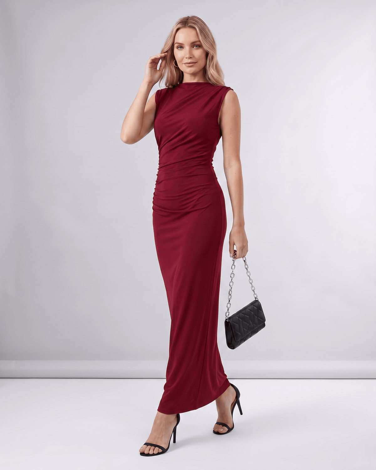 Aureli Maxi Dress by Lauven — stretch polyester sleeveless high neck fitted maxi dress