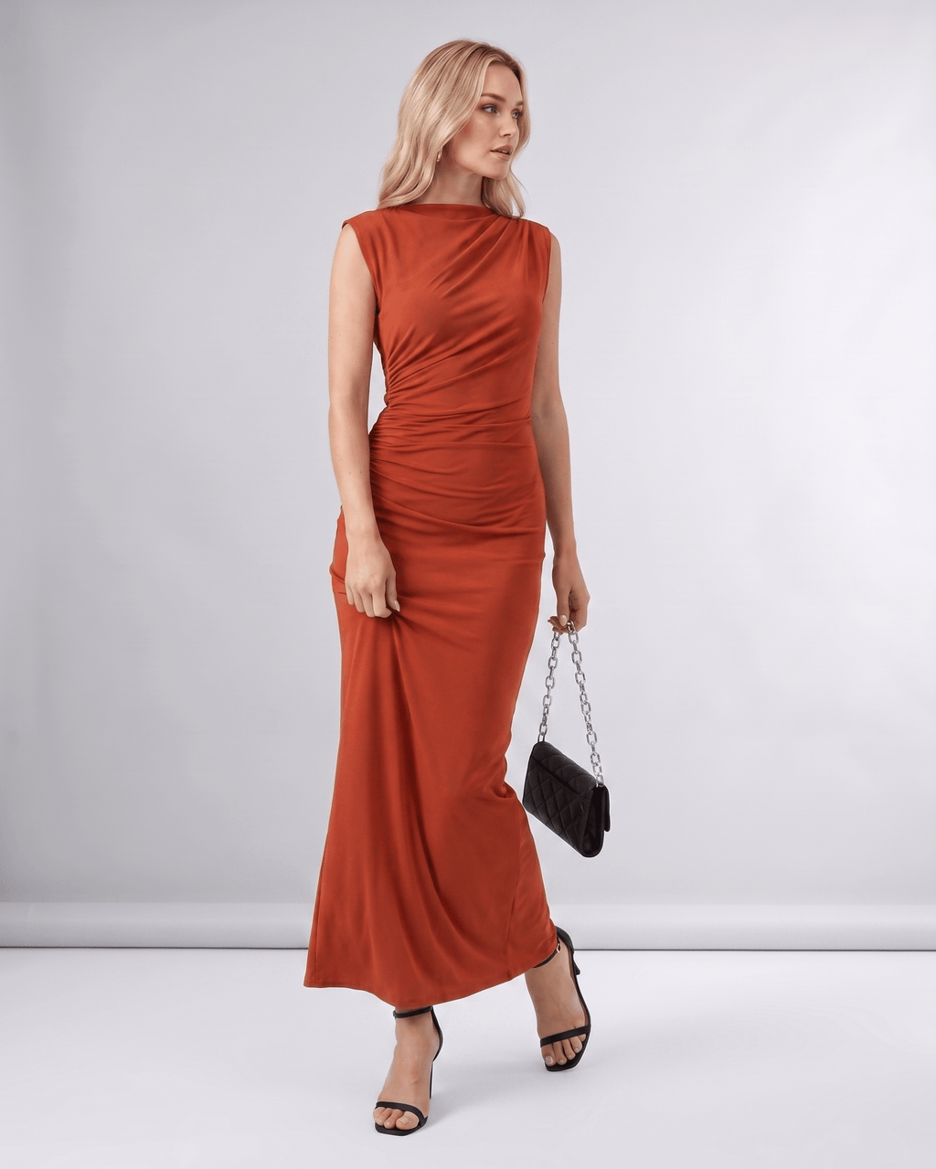 Aureli Maxi Dress by Lauven — stretch polyester sleeveless high neck fitted maxi dress