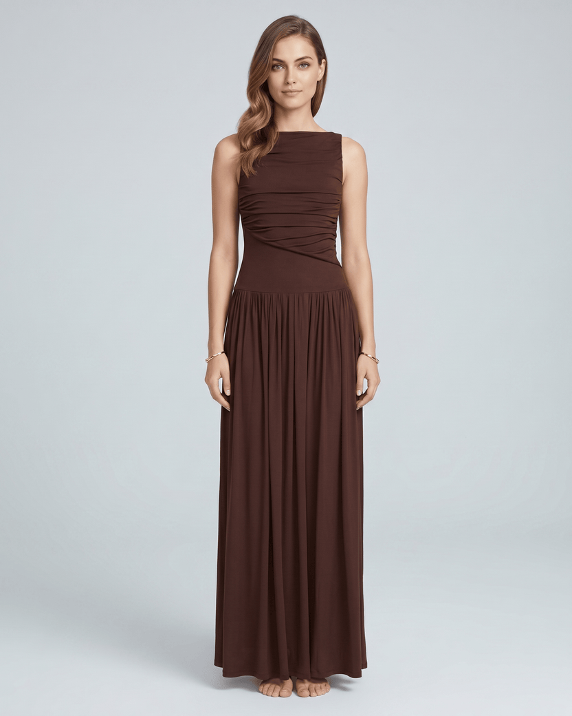 Aurea Maxi Dress by Lauven — brown stretch jersey sleeveless boat neck ruched waist maxi dress