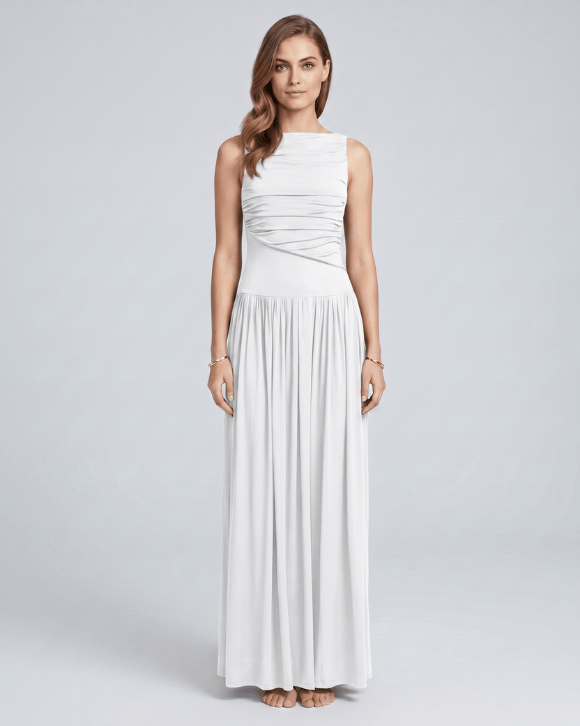 Aurea Maxi Dress by Lauven — white stretch jersey sleeveless boat neck ruched waist maxi dress