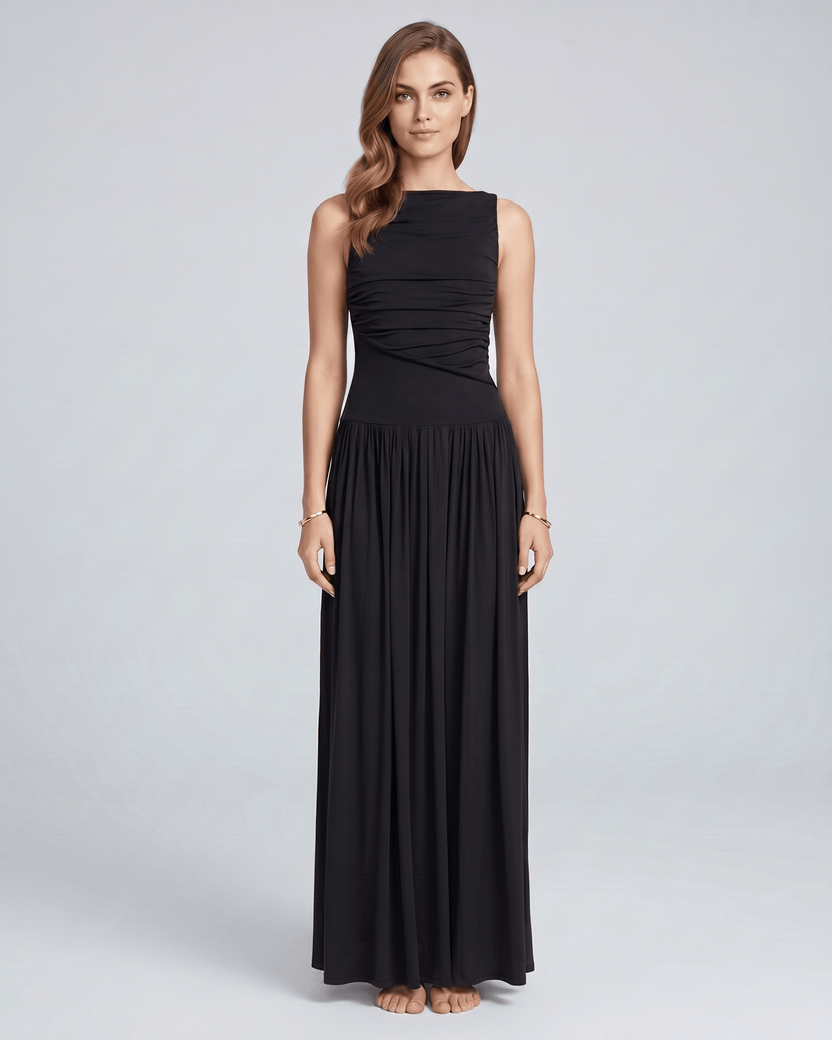 Aurea Maxi Dress by Lauven — black stretch jersey sleeveless boat neck ruched waist maxi dress