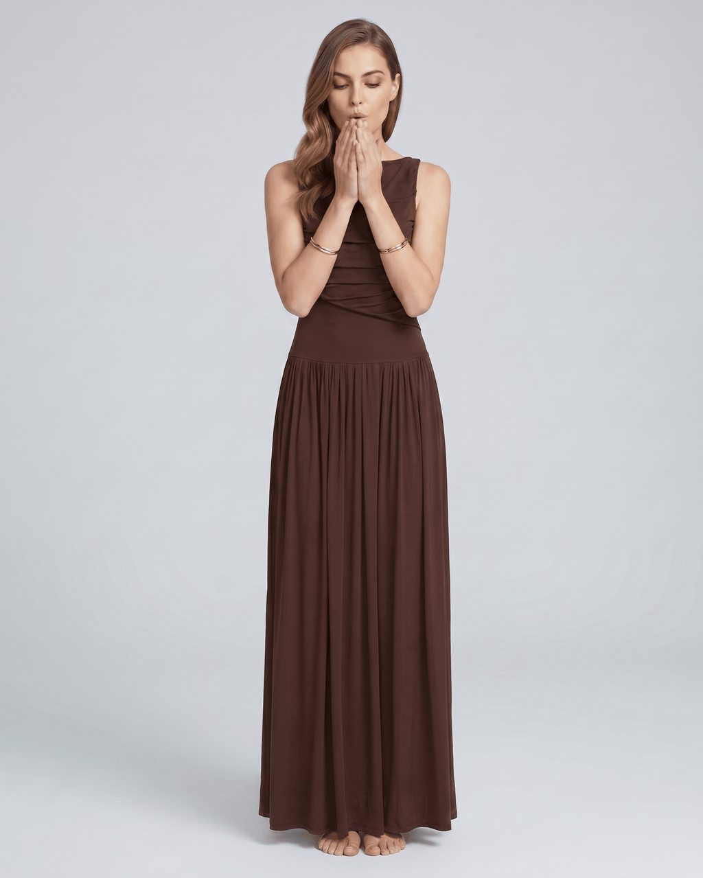 Aurea Maxi Dress by Lauven — stretch jersey sleeveless boat neck ruched waist maxi dress