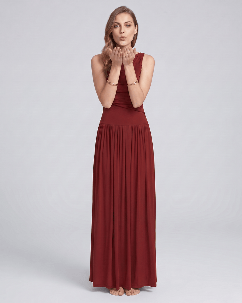 Aurea Maxi Dress by Lauven — stretch jersey sleeveless boat neck ruched waist maxi dress