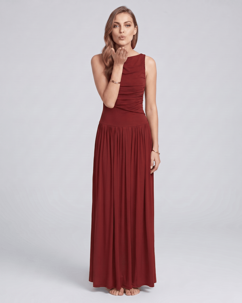 Aurea Maxi Dress by Lauven — stretch jersey sleeveless boat neck ruched waist maxi dress