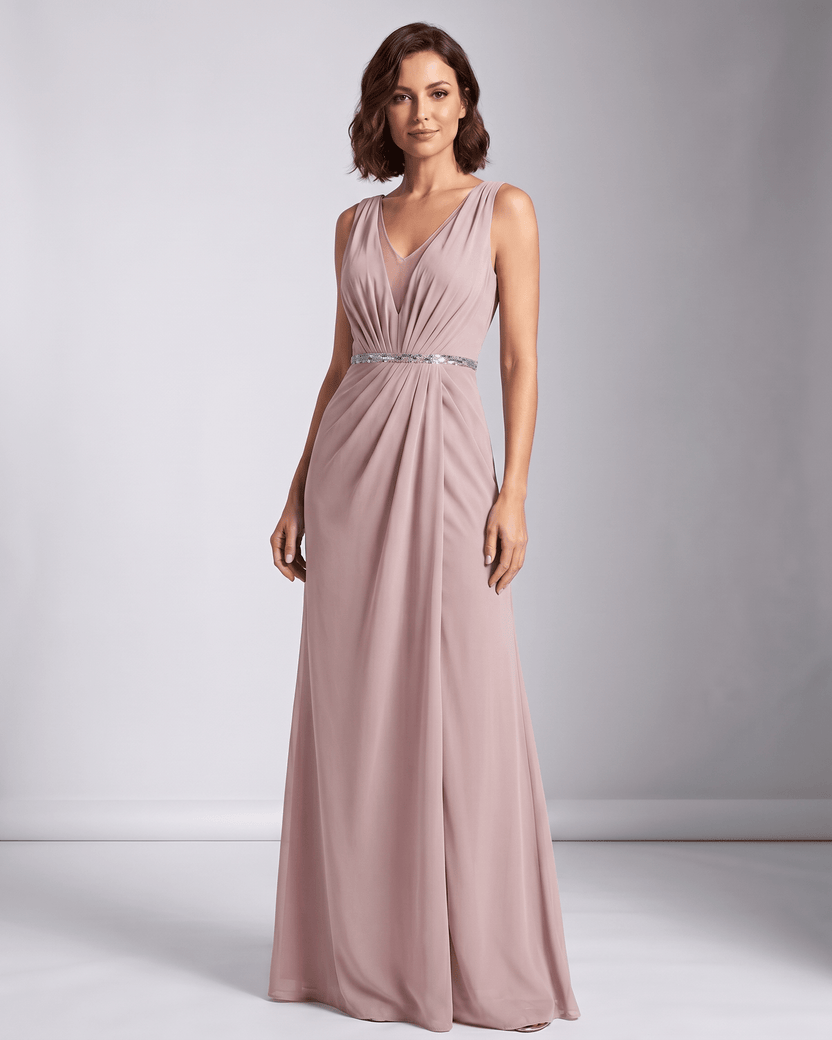 Elara Maxi Dress by Lauven — pink chiffon sleeveless deep V-neck A-line maxi dress with pleated skirt