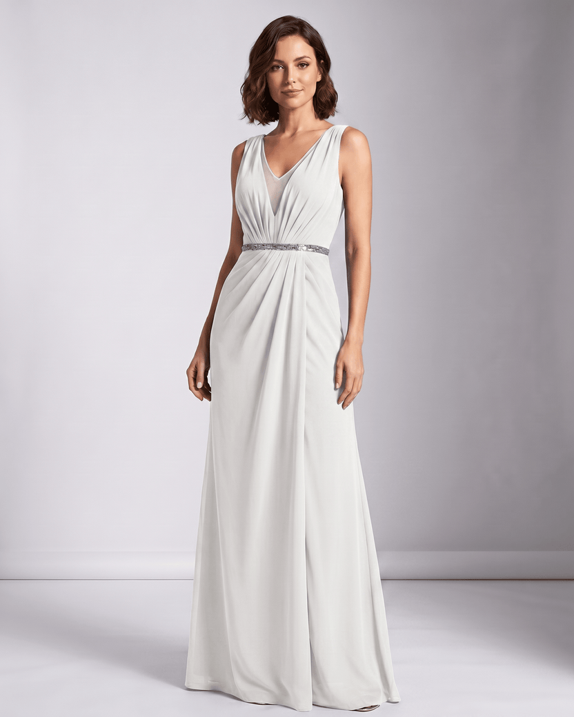 Elara Maxi Dress by Lauven — white chiffon sleeveless deep V-neck A-line maxi dress with pleated skirt