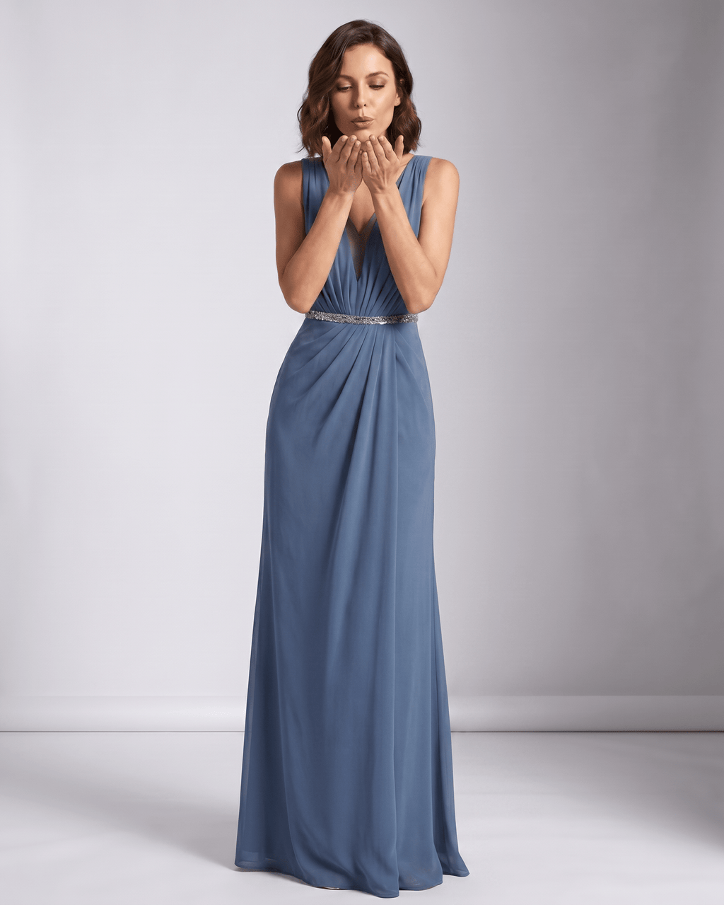 Elara Maxi Dress by Lauven — chiffon sleeveless deep V-neck A-line maxi dress with pleated skirt