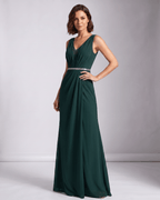 Elara Maxi Dress by Lauven — chiffon sleeveless deep V-neck A-line maxi dress with pleated skirt