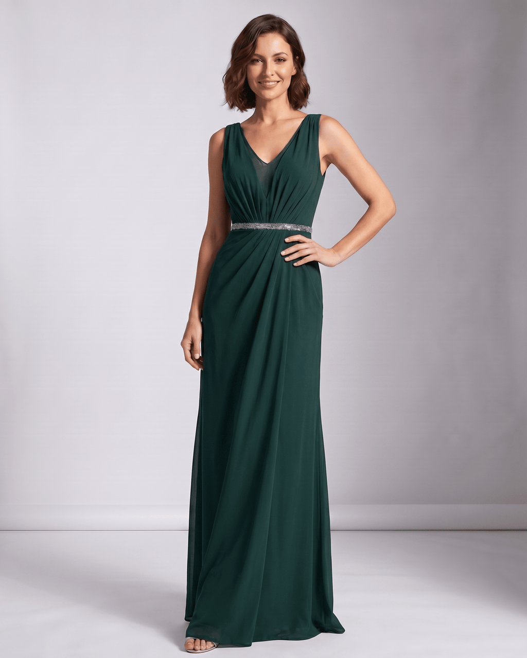 Elara Maxi Dress by Lauven — chiffon sleeveless deep V-neck A-line maxi dress with pleated skirt