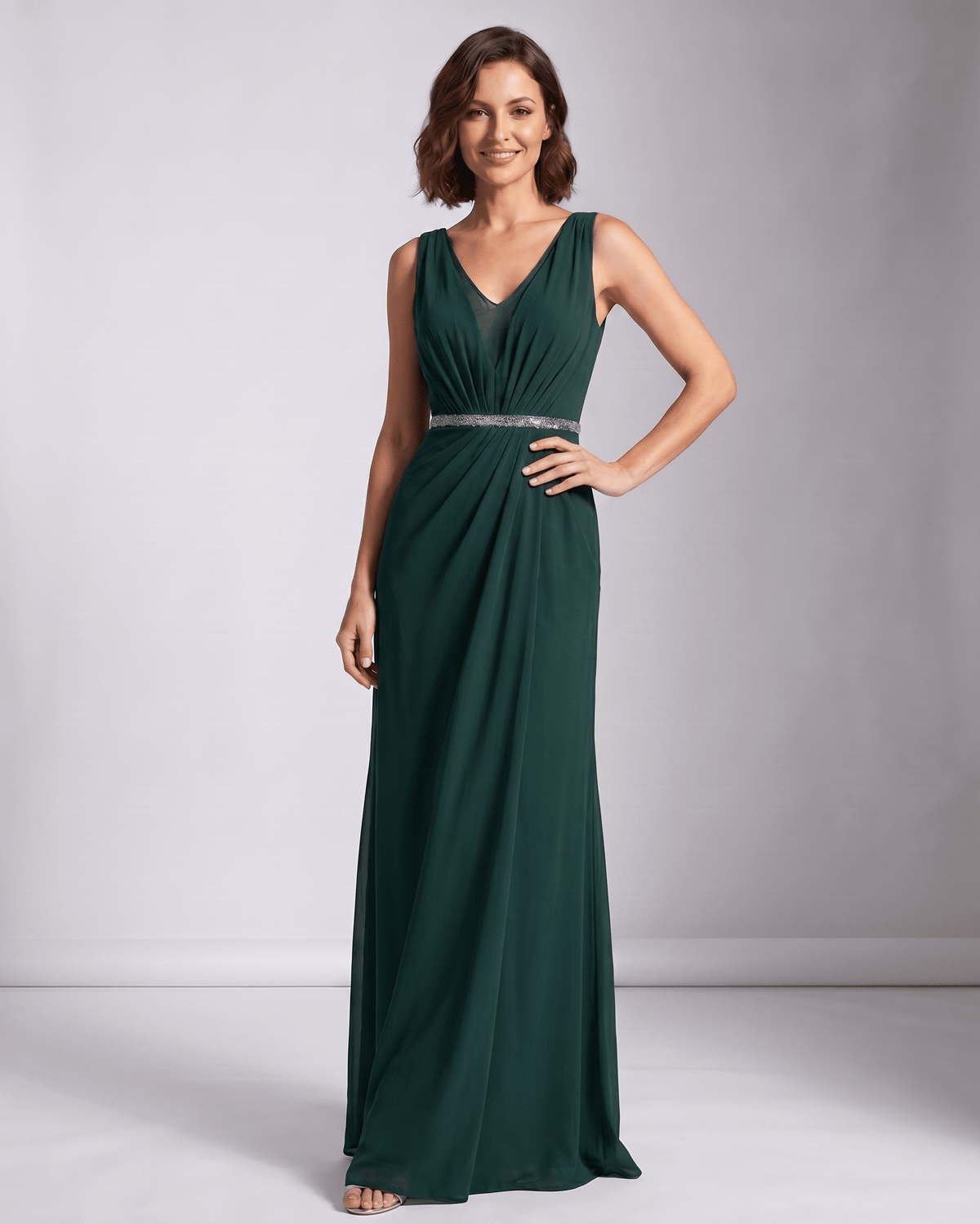 Elara Maxi Dress by Lauven — chiffon sleeveless deep V-neck A-line maxi dress with pleated skirt
