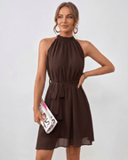 Aurelle Mini Dress by Lauven — chiffon sleeveless halter A-line mini dress