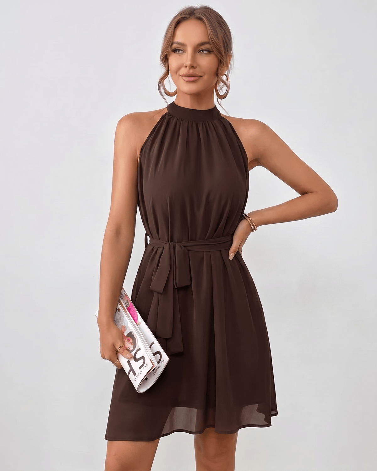 Aurelle Mini Dress by Lauven — chiffon sleeveless halter A-line mini dress
