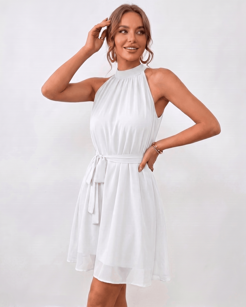 Aurelle Mini Dress by Lauven — chiffon sleeveless halter A-line mini dress