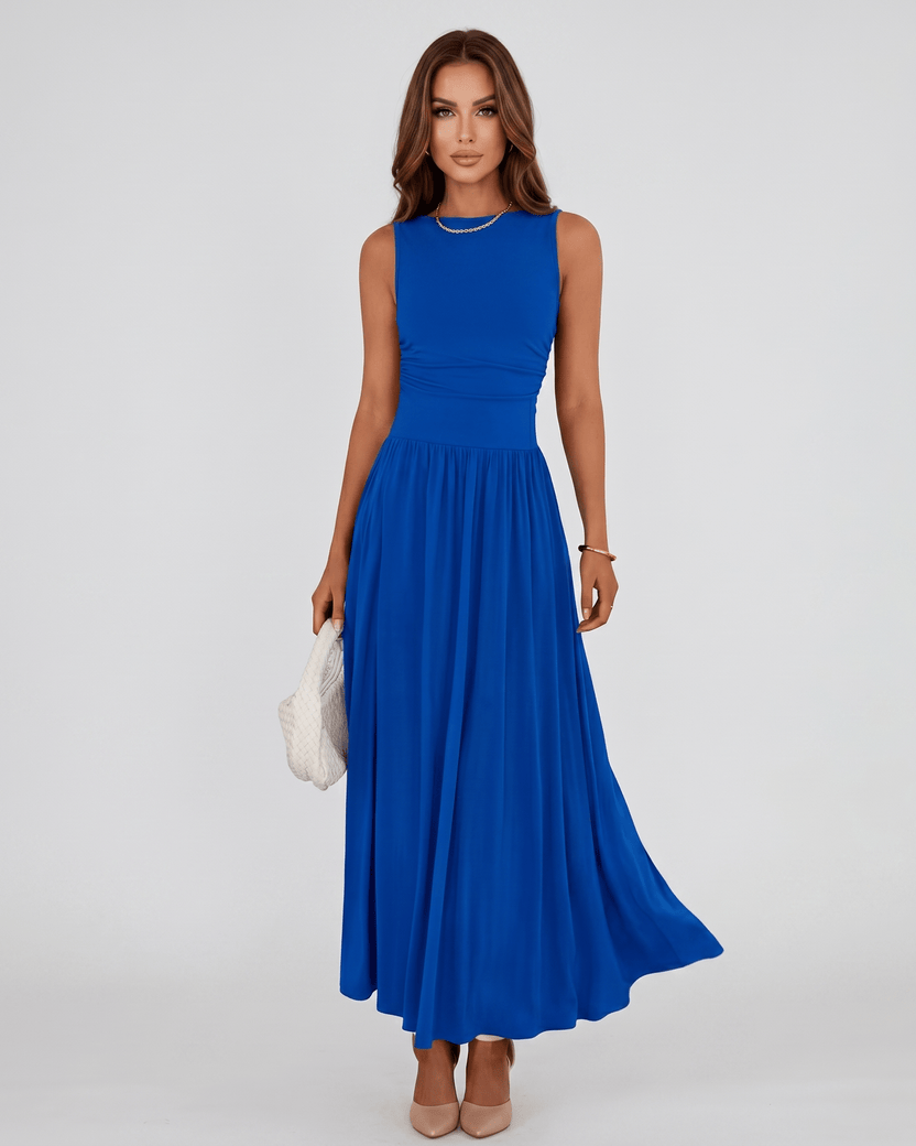 Aurelia Maxi Dress by Lauven — blue polyester sleeveless round neck A-line maxi dress