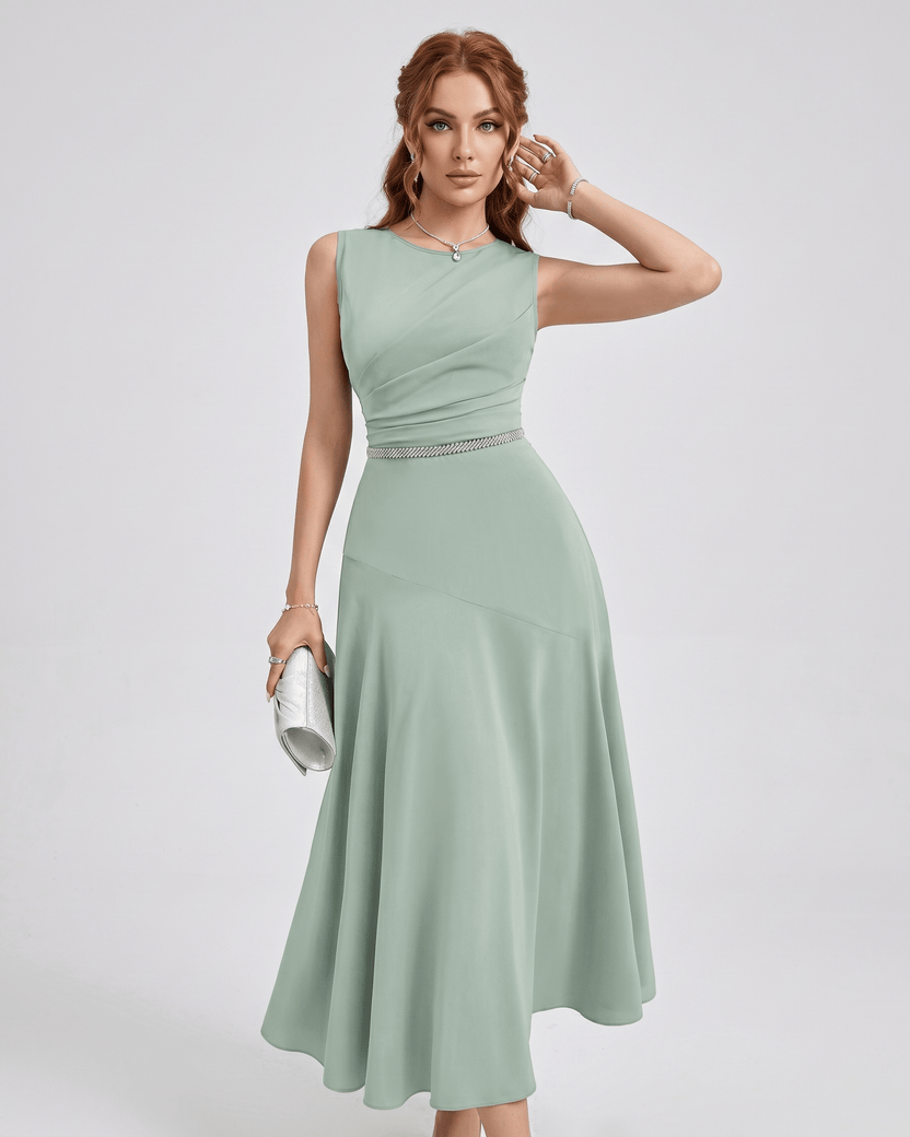 Aurelle Midi Dress by Lauven — green chiffon sleeveless round neck A-line midi dress