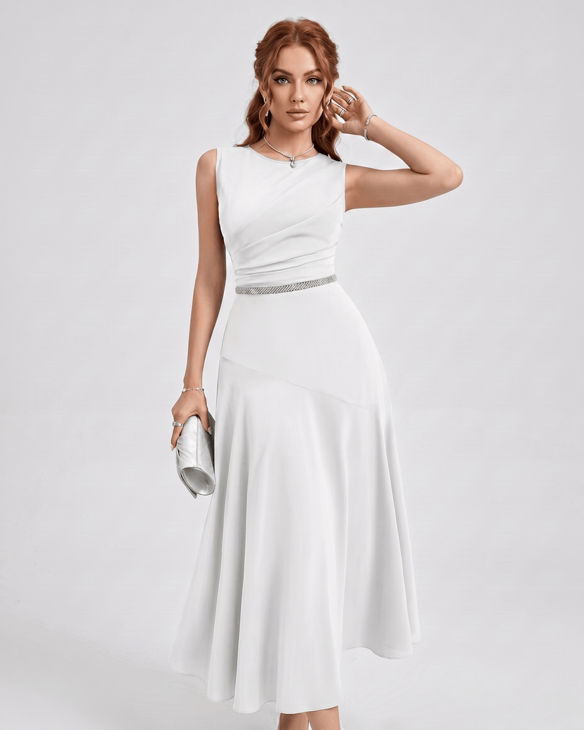 Aurelle Midi Dress by Lauven — white chiffon sleeveless round neck A-line midi dress