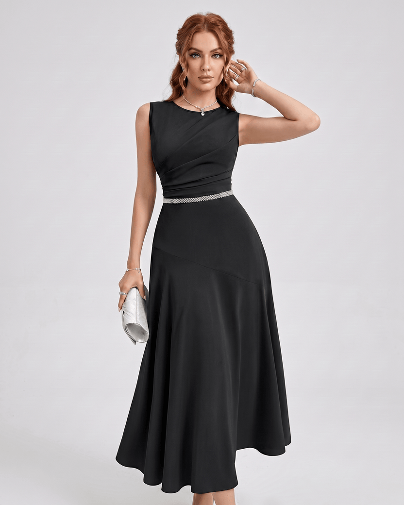Aurelle Midi Dress by Lauven — black chiffon sleeveless round neck A-line midi dress