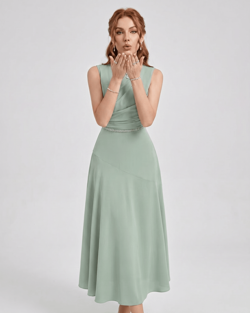 Aurelle Midi Dress by Lauven — chiffon sleeveless round neck A-line midi dress