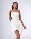 Aurelia Mini Dress by Lauven — white stretch sleeveless halter straight neck fit and flare mini dress