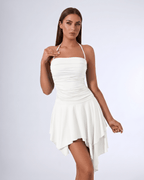 Aurelia Mini Dress by Lauven — white stretch sleeveless halter straight neck fit and flare mini dress
