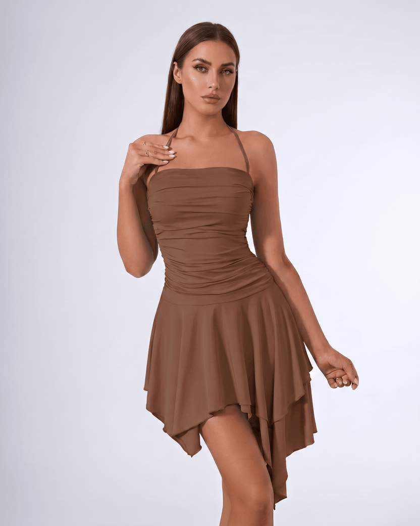 Aurelia Mini Dress by Lauven — brown stretch sleeveless halter straight neck fit and flare mini dress