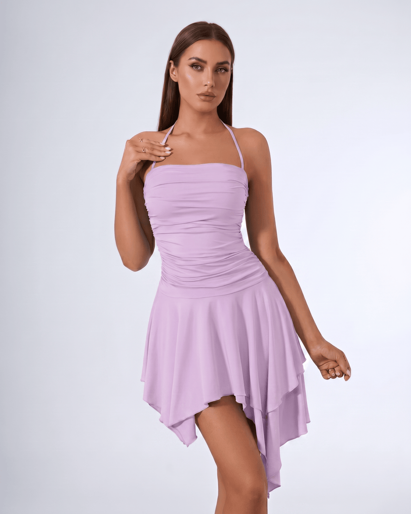 Aurelia Mini Dress by Lauven — lilac stretch sleeveless halter straight neck fit and flare mini dress