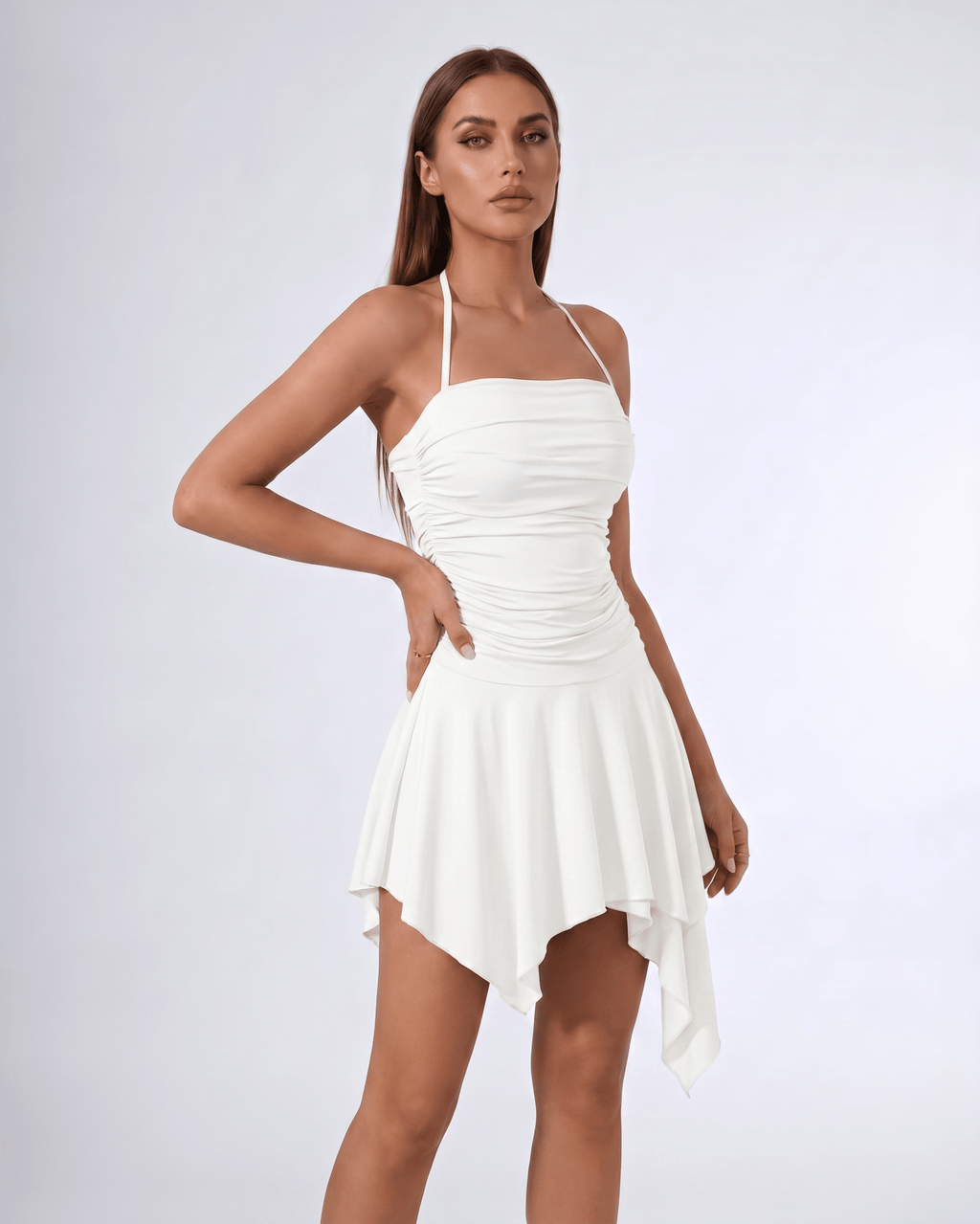Aurelia Mini Dress by Lauven — stretch sleeveless halter straight neck fit and flare mini dress