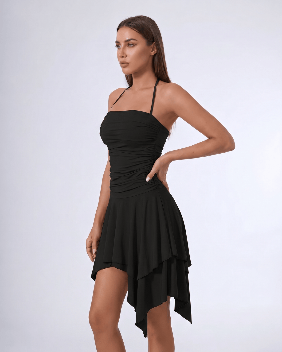 Aurelia Mini Dress by Lauven — stretch sleeveless halter straight neck fit and flare mini dress