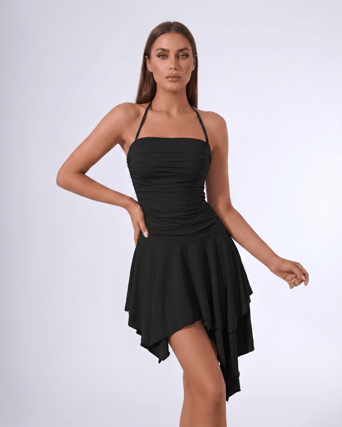 Aurelia Mini Dress by Lauven — stretch sleeveless halter straight neck fit and flare mini dress