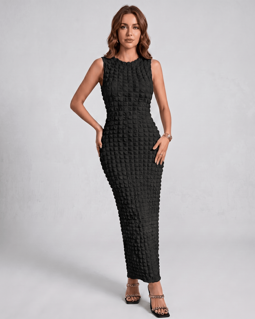 Lunelle Maxi Dress by Lauven — black textured sleeveless round neck column maxi dress
