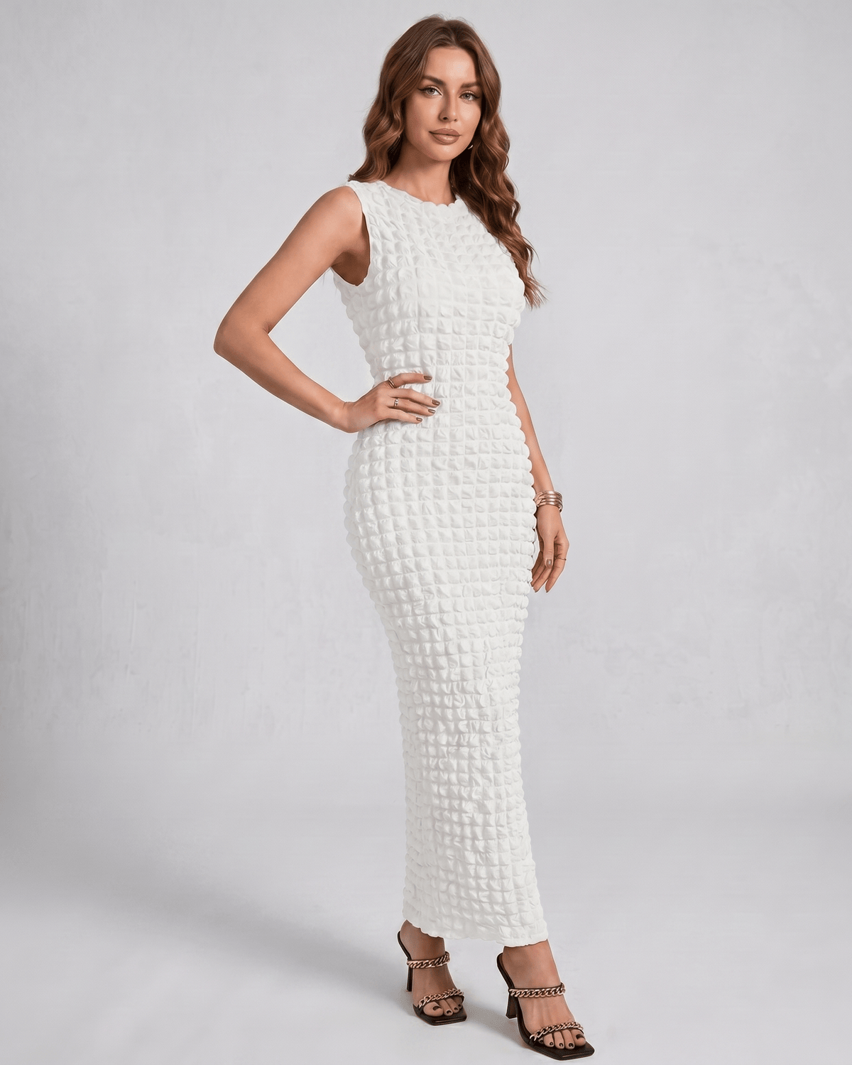 Lunelle Maxi Dress by Lauven — textured sleeveless round neck column maxi dress