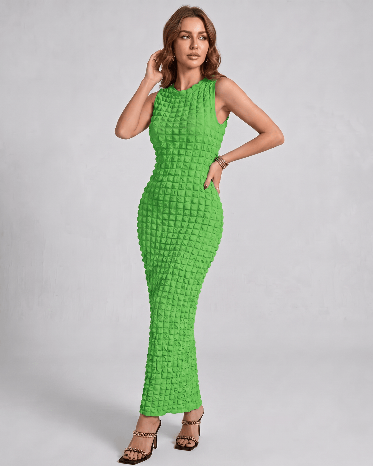 Lunelle Maxi Dress by Lauven — textured sleeveless round neck column maxi dress